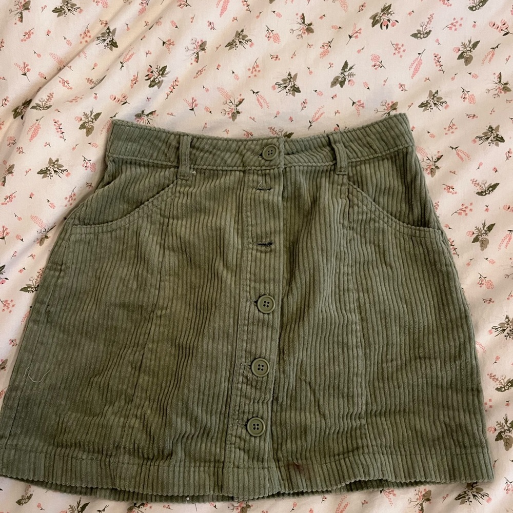 green corduroy mini/mid length skirt